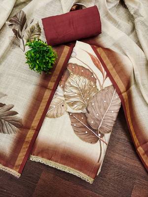 beige printed silk blend  linen unstitched dress material  4