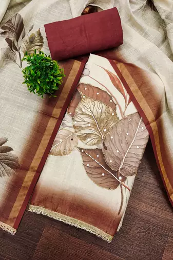 beige printed silk blend  linen unstitched dress material 