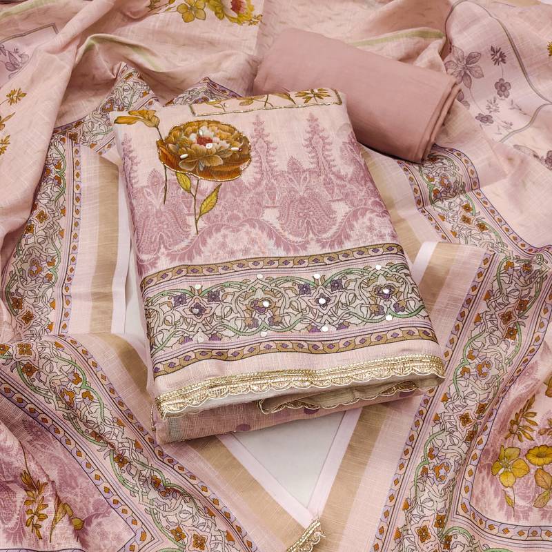 multicolor printed silk blend  linen unstitched dress material 