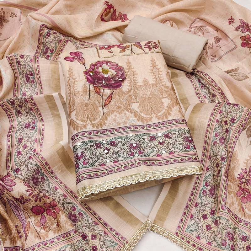 multicolor printed silk blend  linen unstitched dress material 