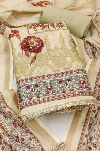 multicolor printed silk blend  linen unstitched dress material 