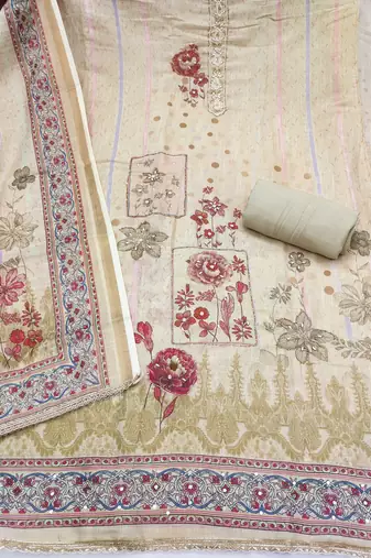 multicolor printed silk blend  linen unstitched dress material 
