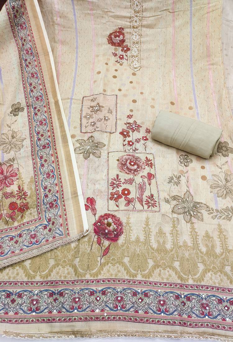 multicolor printed silk blend  linen unstitched dress material 