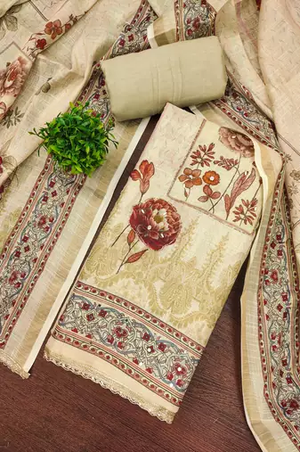 multicolor printed silk blend  linen unstitched dress material 