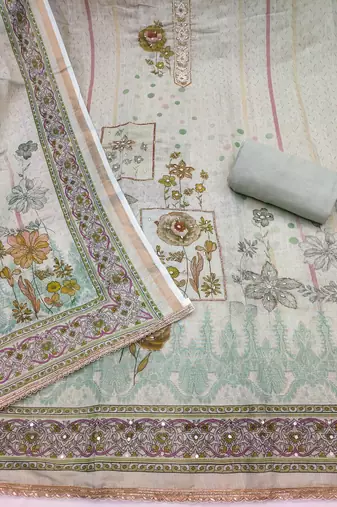 multicolor printed silk blend  linen unstitched dress material 
