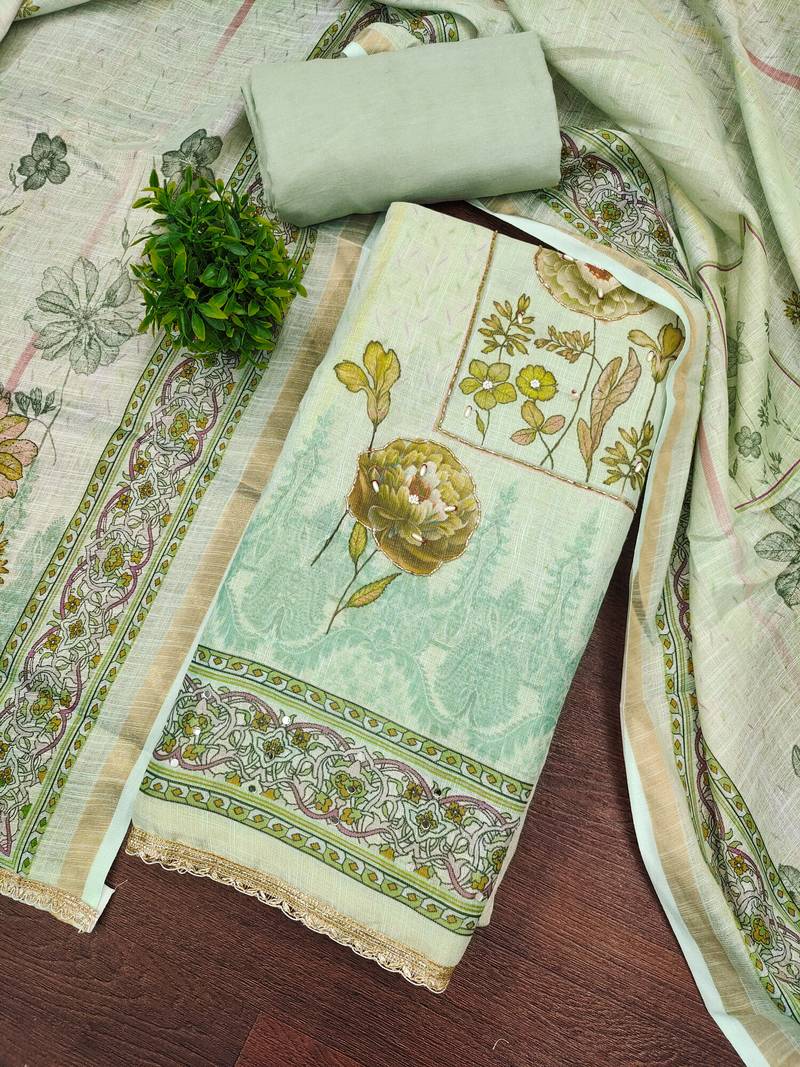 multicolor printed silk blend  linen unstitched dress material 