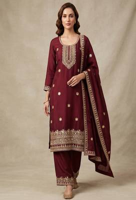 Maroon embroidered chanderi silk kurta set with dupatta 1