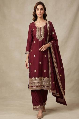Maroon embroidered chanderi silk kurta set with dupatta