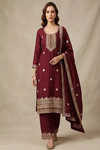 Maroon embroidered chanderi silk kurta set with dupatta