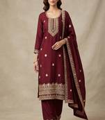Maroon embroidered chanderi silk kurta set with dupatta