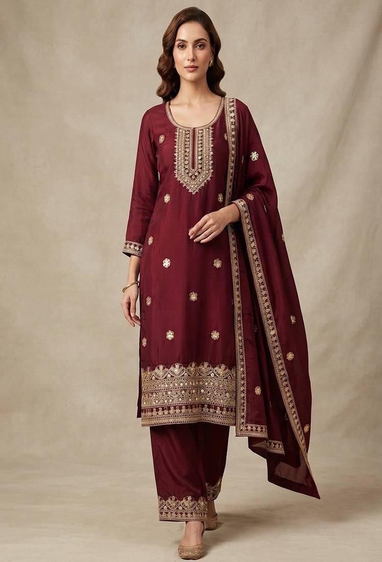 Maroon embroidered chanderi silk kurta set with dupatta