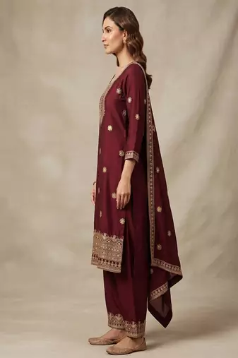 Maroon embroidered chanderi silk kurta set with dupatta