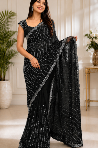 Black Original beeds work Space Silk Blend Saree