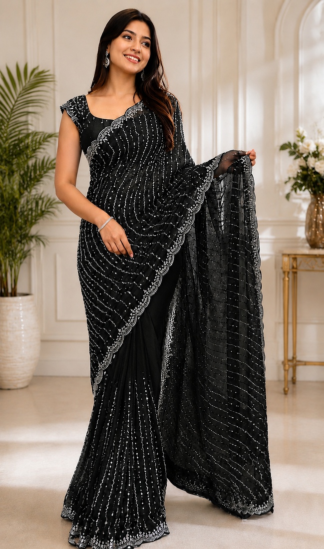 Black Color Original beeds work Space Silk Blend Saree