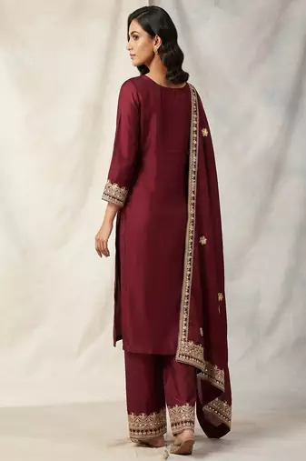 Maroon embroidered chanderi silk kurta set with dupatta