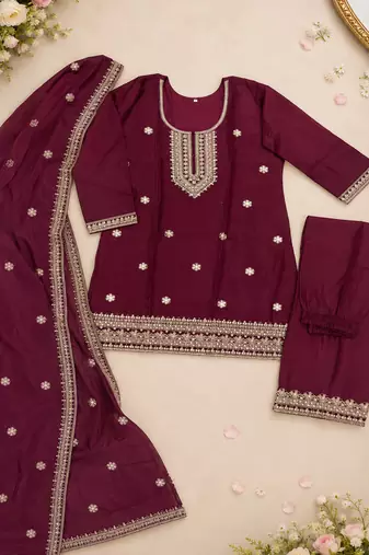 Maroon embroidered chanderi silk kurta set with dupatta
