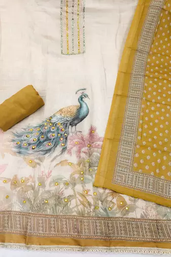 multicolor printed  linen cotton unstitched dress material 