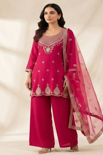 Ethnic motifs embroidered sequinned scalloped kurti with plazo & dupatta