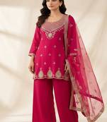 Ethnic motifs embroidered sequinned scalloped kurti with plazo & dupatta