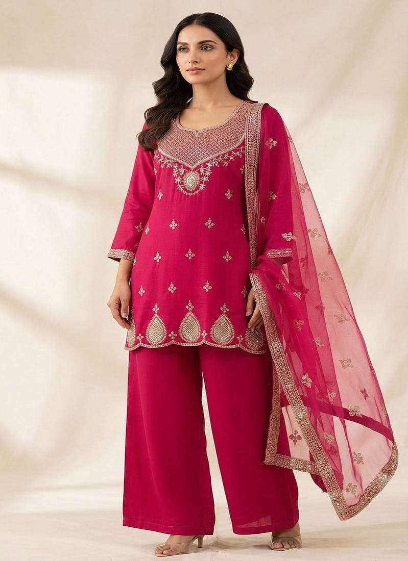 Ethnic motifs embroidered sequinned scalloped kurti with plazo & dupatta