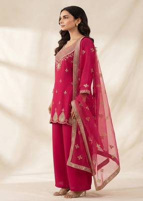 Ethnic motifs embroidered sequinned scalloped kurti with plazo & dupatta 2