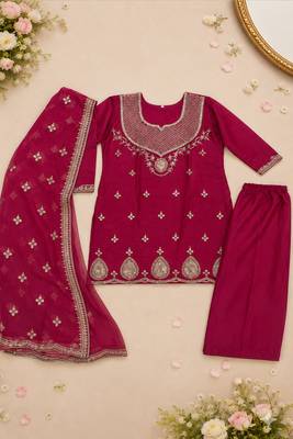 Ethnic motifs embroidered sequinned scalloped kurti with plazo & dupatta 4