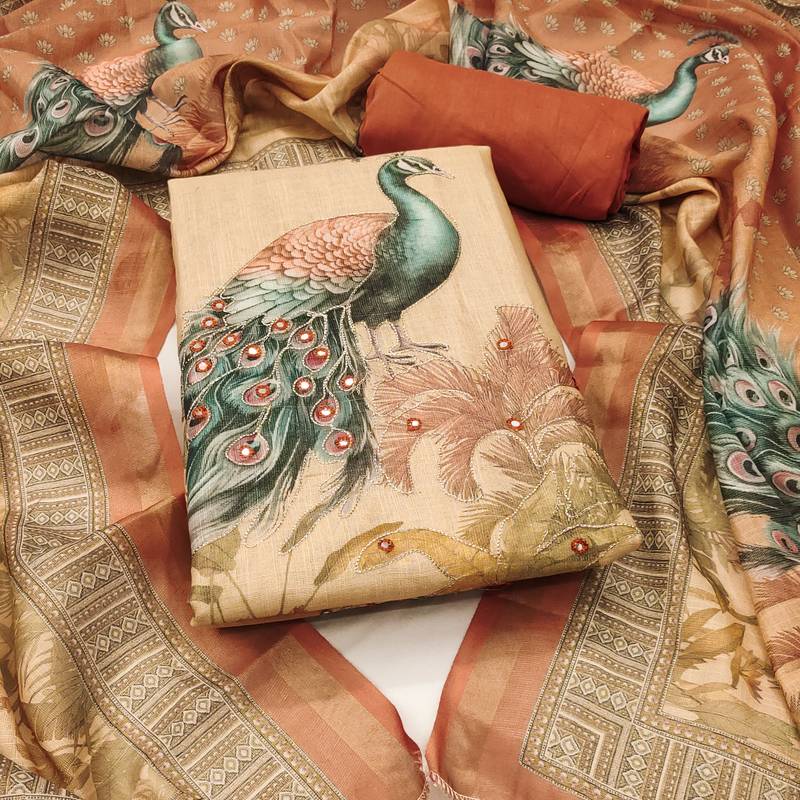 multicolor printed  linen cotton unstitched dress material 