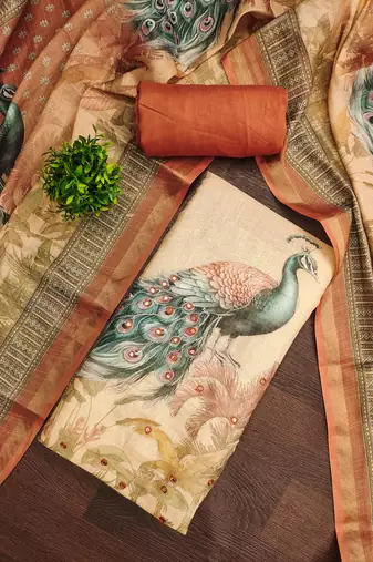 multicolor printed  linen cotton unstitched dress material 