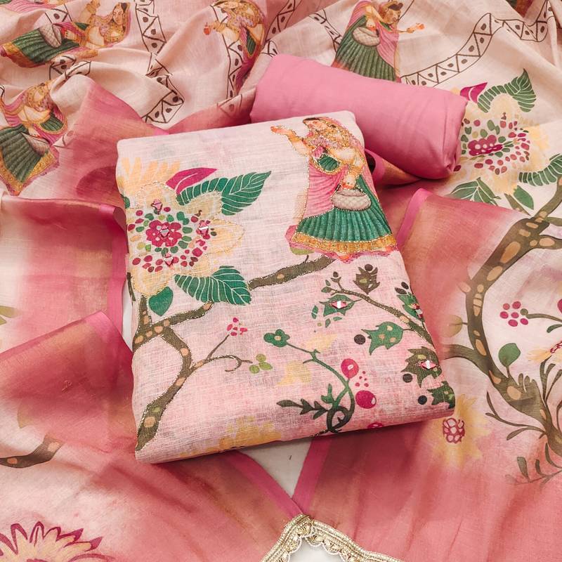 multicolor printed  linen cotton unstitched dress material 