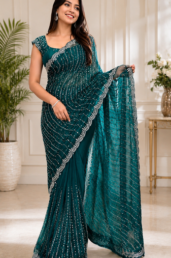 Dark Green Color Original beeds work Space Silk Blend Saree