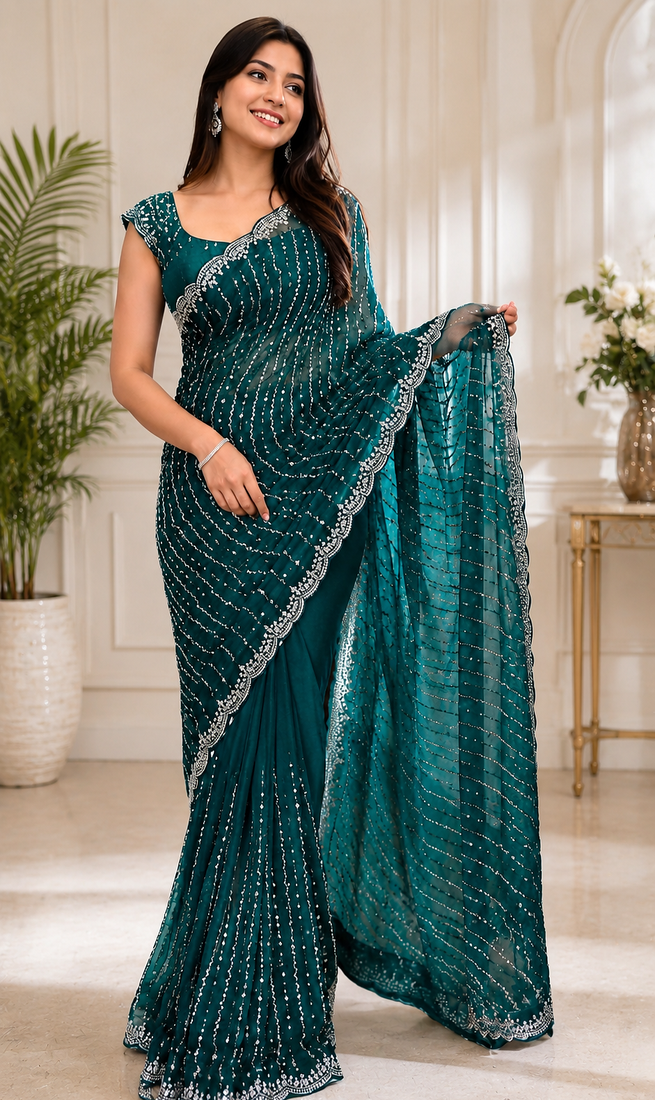 Dark Green Color Original beeds work Space Silk Blend Saree