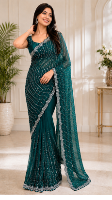 Dark Green Color Original beeds work Space Silk Blend Saree 2