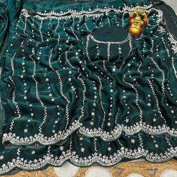 Dark Green Color Original beeds work Space Silk Blend Saree 3