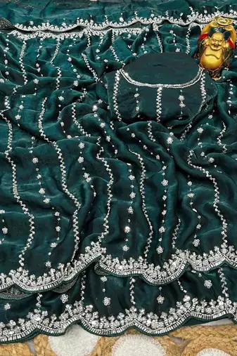 Dark Green Color Original beeds work Space Silk Blend Saree