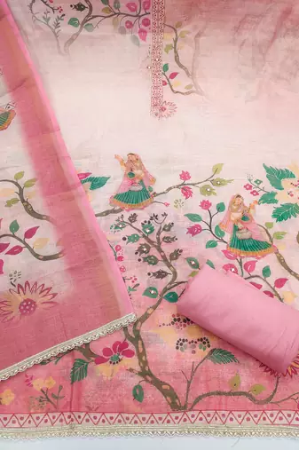 multicolor printed  linen cotton unstitched dress material 