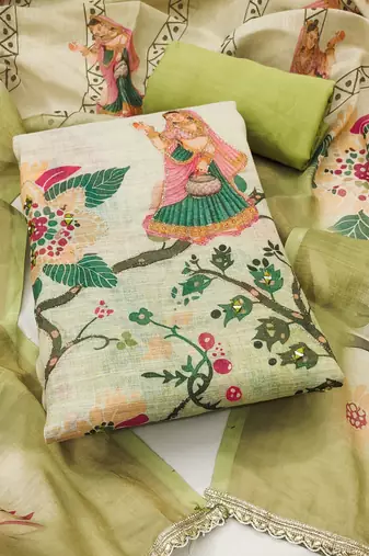 multicolor printed  linen cotton unstitched dress material 