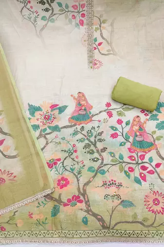 multicolor printed  linen cotton unstitched dress material 