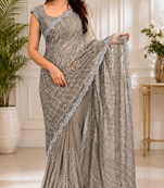 Grey Color Original beeds work Space Silk Blend Saree