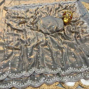 Grey Color Original beeds work Space Silk Blend Saree 3