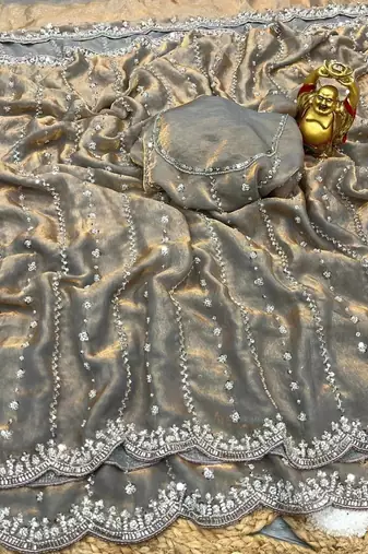 Grey Color Original beeds work Space Silk Blend Saree