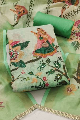 multicolor printed  linen cotton unstitched dress material 
