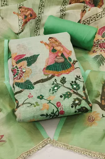 multicolor printed  linen cotton unstitched dress material 