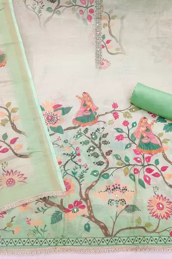 multicolor printed  linen cotton unstitched dress material 