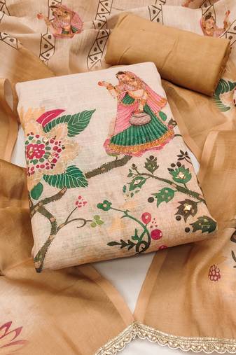 multicolor printed  linen cotton unstitched dress material 