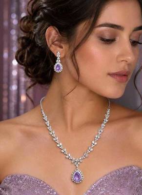 Amethyst Bridal Jewelry Set, Pear Cut Gemstone Necklace Earrings 1