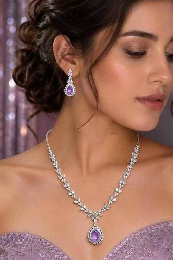 Amethyst Bridal Jewelry Set, Pear Cut Gemstone Necklace Earrings