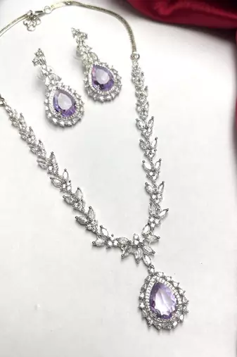 Amethyst Bridal Jewelry Set, Pear Cut Gemstone Necklace Earrings