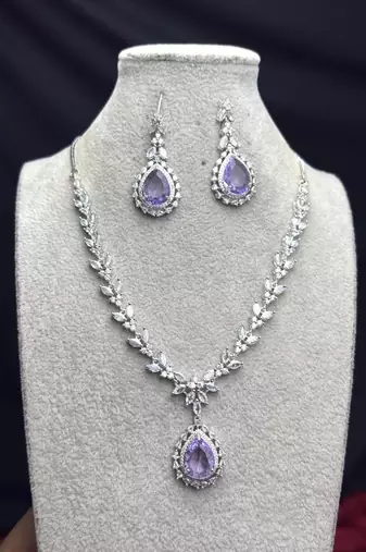 Amethyst Bridal Jewelry Set, Pear Cut Gemstone Necklace Earrings