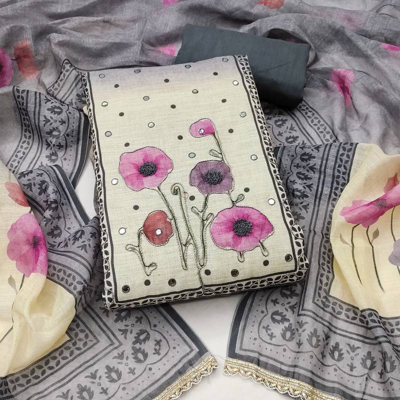 multicolor printed  linen cotton unstitched dress material 