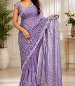Lavender Color Original beeds work Space Silk Blend Saree